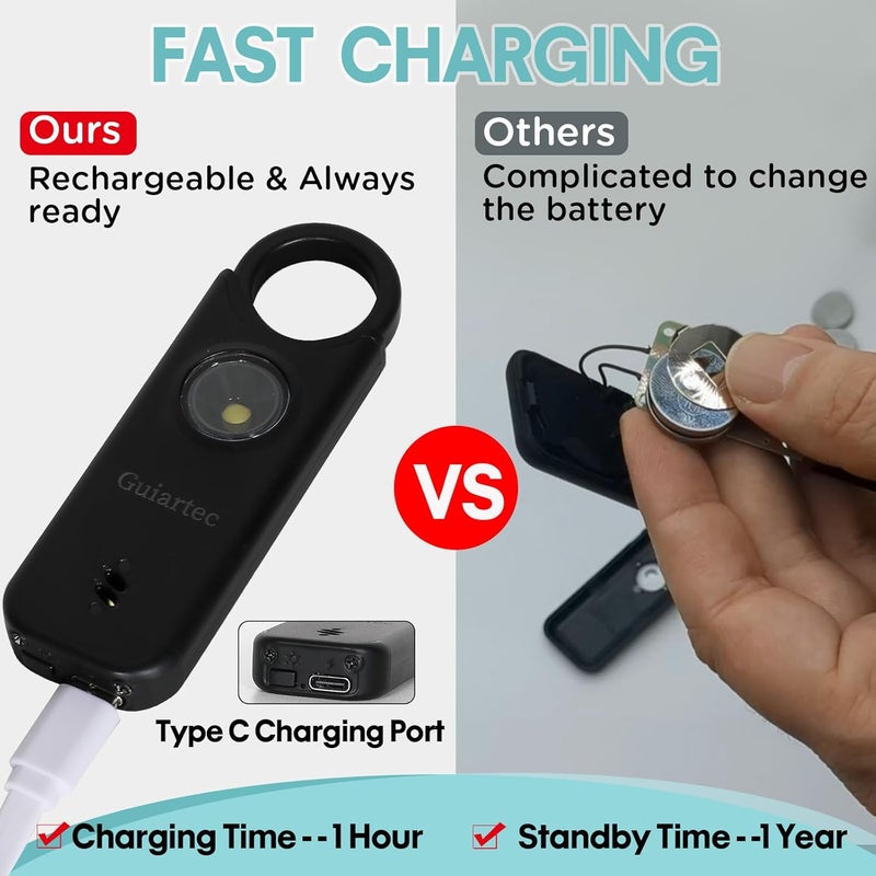 Guiartec Rechargeable Personal Safety Alarm for Women, 135 dB Loud Self Defense Keychain Siren with LED Strobe Light, Personal Emergency Security Safe Devices Key Chain Alarms for Women Kids Elderly (Black) - Image 3
